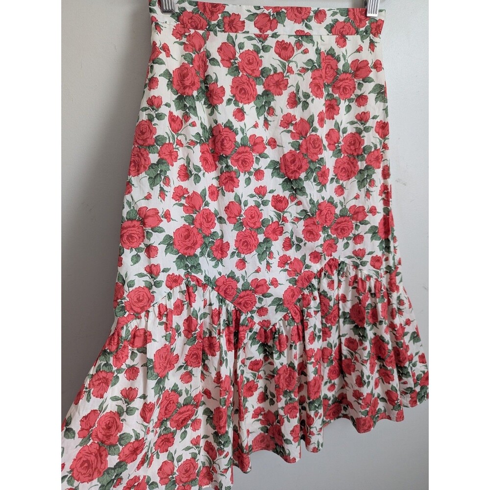 Liberty Print Midi Skirt Carline Rose Cotton Lawn Sz 0 Red Cottage Floral A-line
